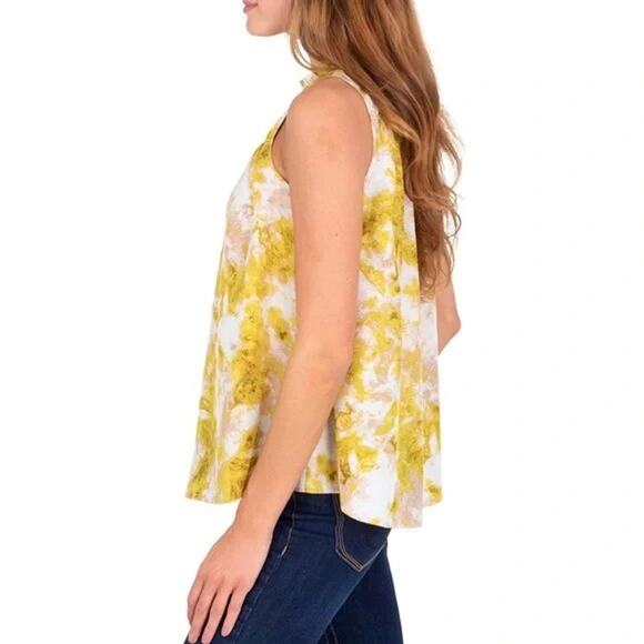 Joie Fern Yellow Green Print Smocked High Neck Sleeveless A-line Swing Blouse - Picture 2 of 13